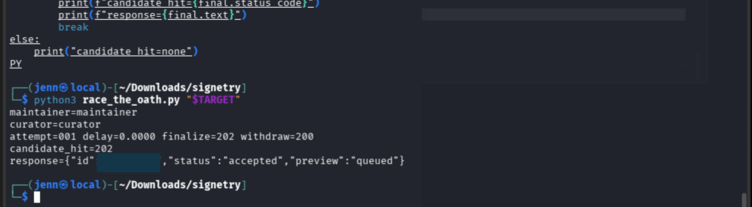 Race harness output showing finalize=202 withdraw=200 on attempt 1